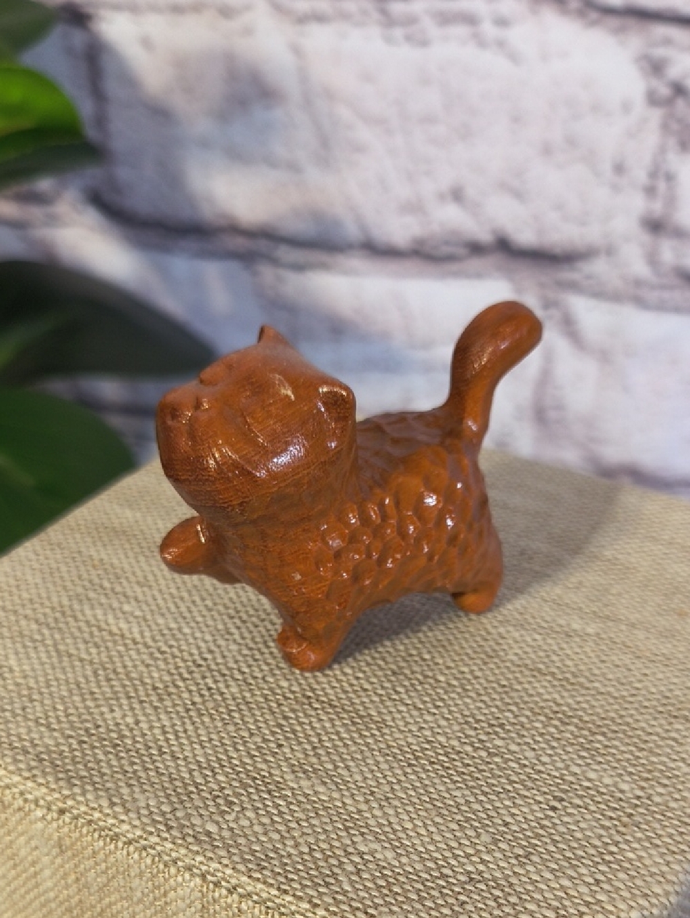 Wooden hand carved cat figurine, prancing, kitty cat, ginger orange feline